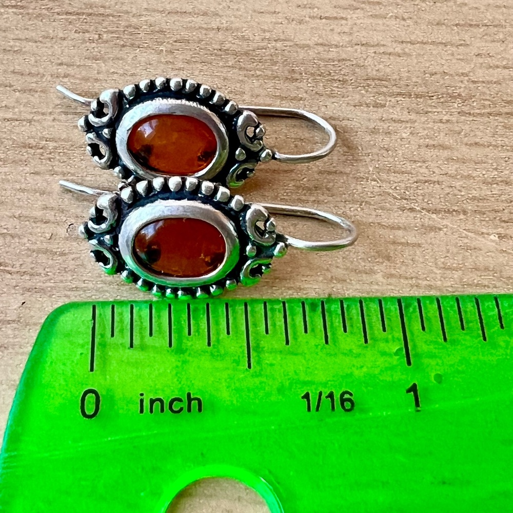VINTAGE 925 STERLING SLVR OVAL AMBER SMALL ORNATE EARRINGS DROP DANGLE WIRE LOCK - Picture 5 of 16